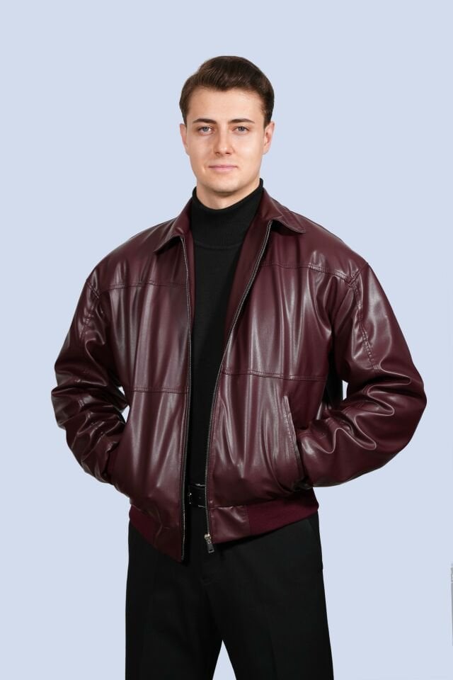 Bordo Kışlık Suni Deri Ceket