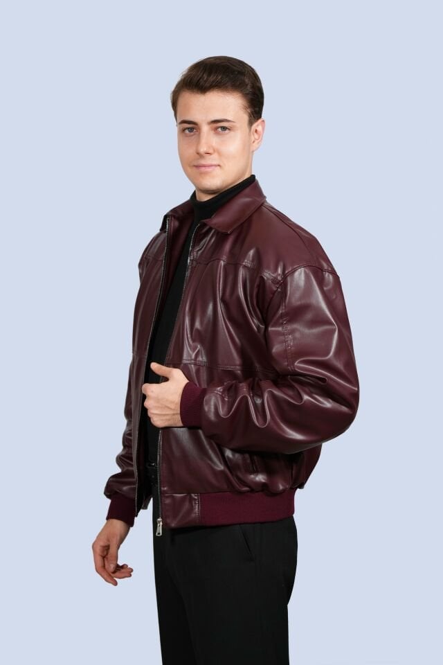 Bordo Kışlık Suni Deri Ceket