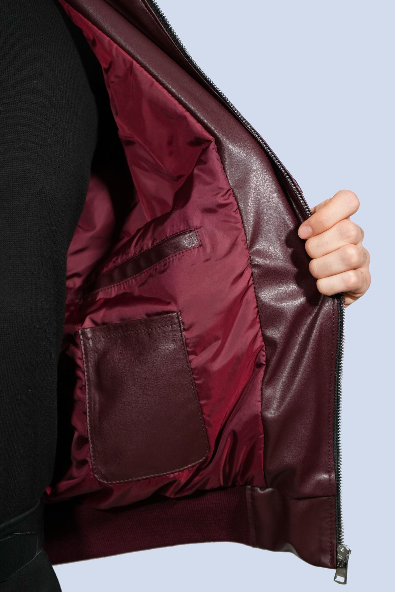 Bordo Kışlık Suni Deri Ceket