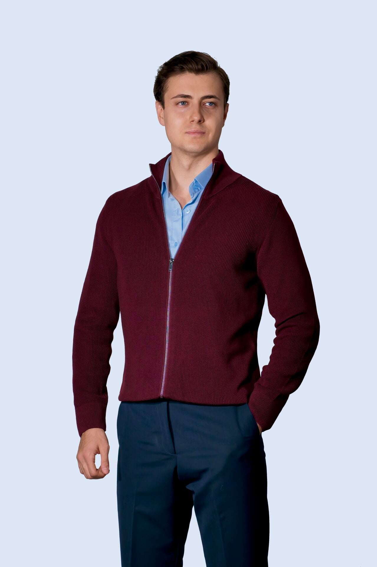 Çift Fermuarlı Bordo Hırka