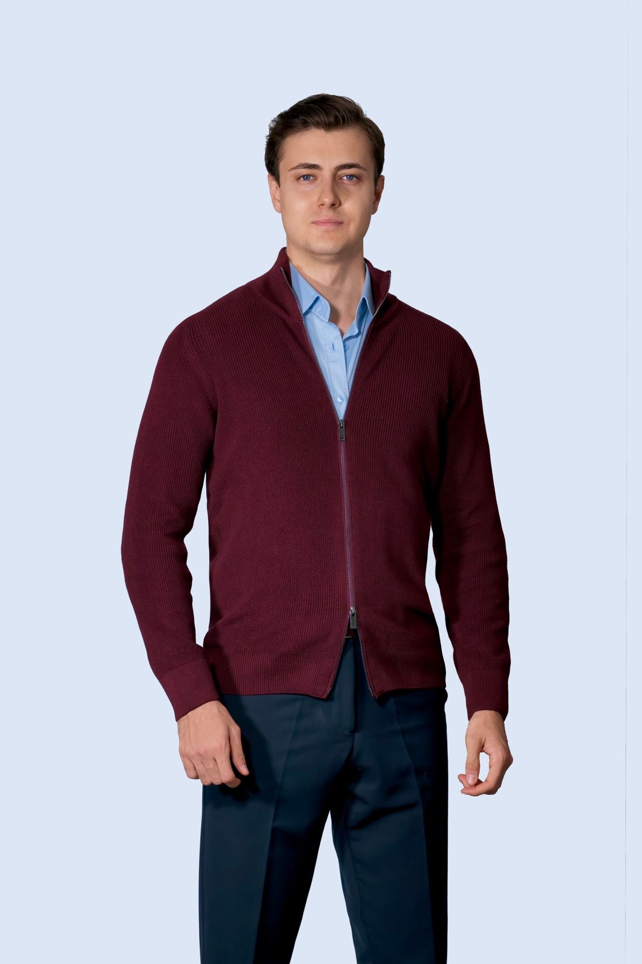 Çift Fermuarlı Bordo Hırka
