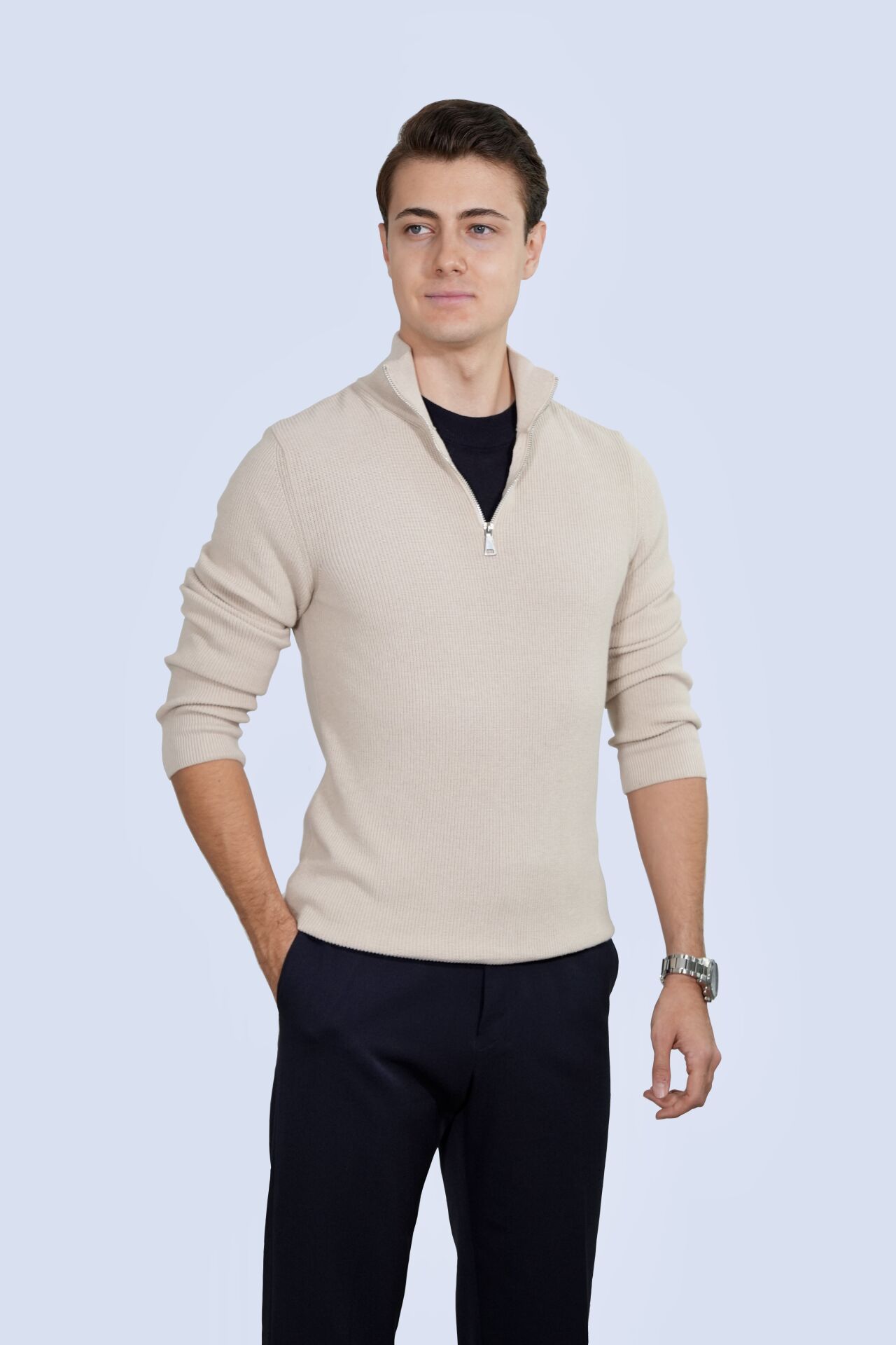 Beige Zip Collar Sweater