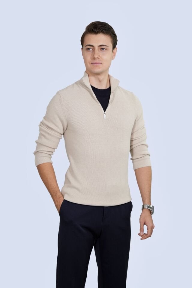 Bej Zip Yaka Triko | Manovam