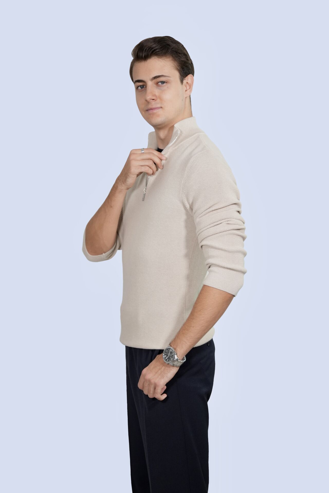 Beige Zip Collar Sweater