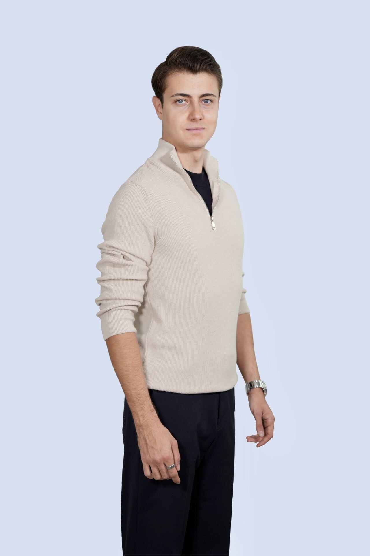 Beige Zip Collar Sweater