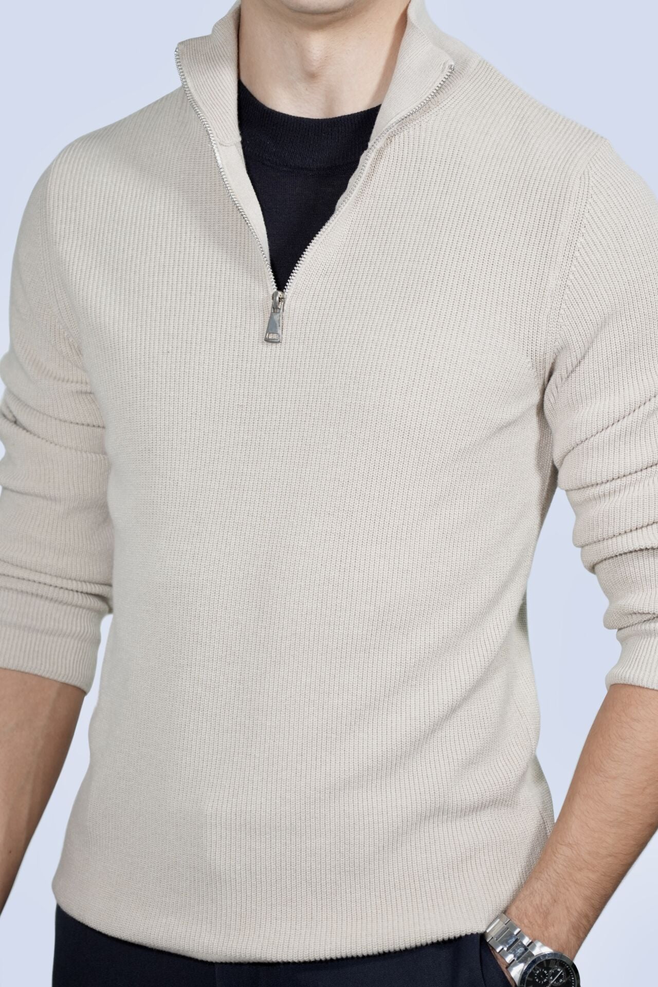 Beige Zip Collar Sweater