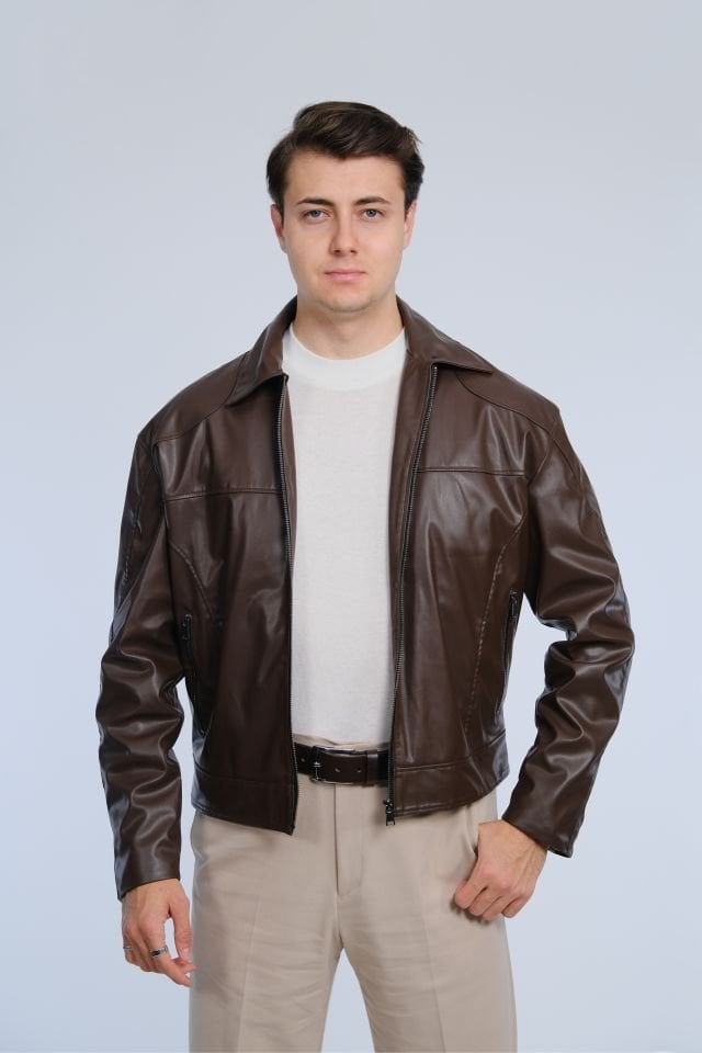 Kahverengi Suni Deri Ceket